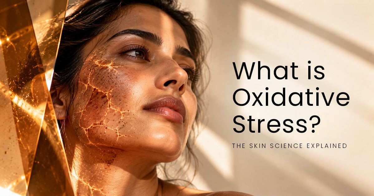 What is oxidative stress in skin? Editorial image showing an Indian woman with an amber visual representation of oxidative stress and environmental skin stress.