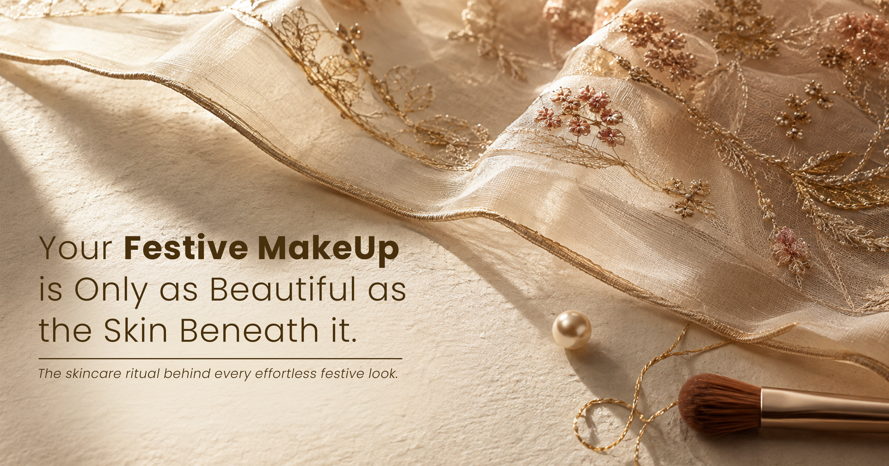 Luxury festive skincare preparation scene showing hydrating skincare essentials, facial oil, linen fabric, flowers, and beauty ritual elements representing the skin preparation behind a flawless festive makeup look
