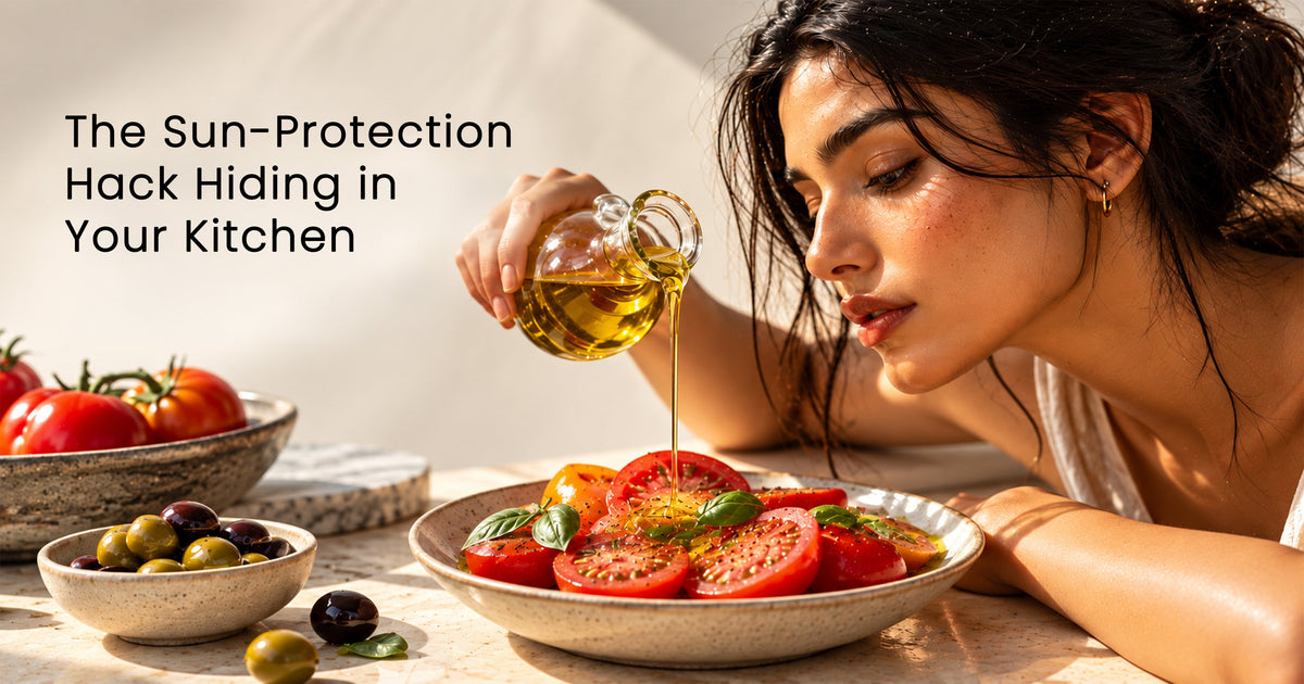 Indian woman preparing tomatoes with olive oil, illustrating the role of lycopene and dietary nutrition in supporting skin against UV-related oxidative stress.