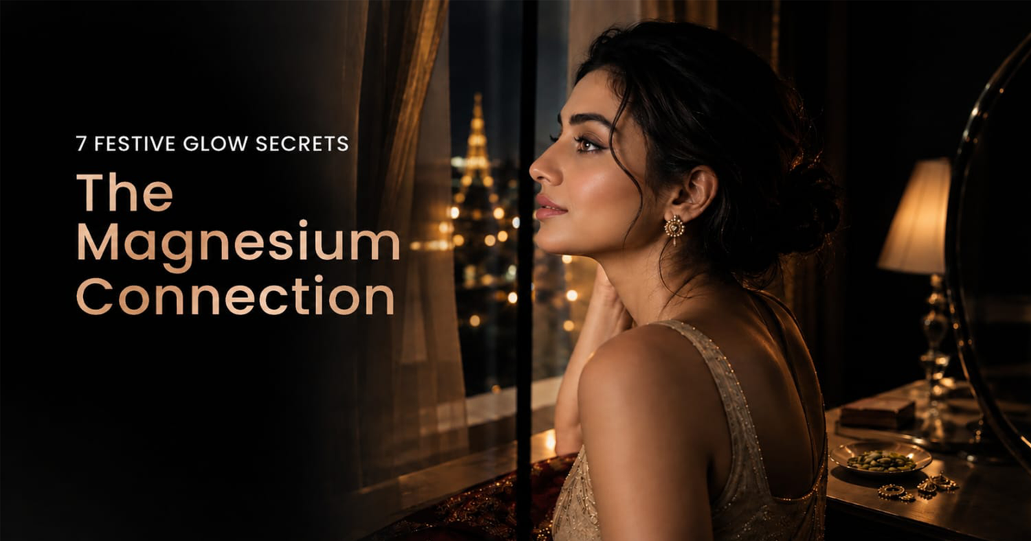 Close-up of a glowing Indian woman in warm evening light for ‘7 Festive Glow Secrets: The Magnesium Connection,’ exploring magnesium, sleep, darkness and skin health.