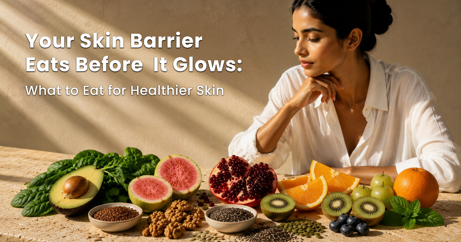 Healthy skin nutrition concept featuring Indian woman with antioxidant-rich foods, fruits, nuts, and seeds that support skin barrier health and natural glow.