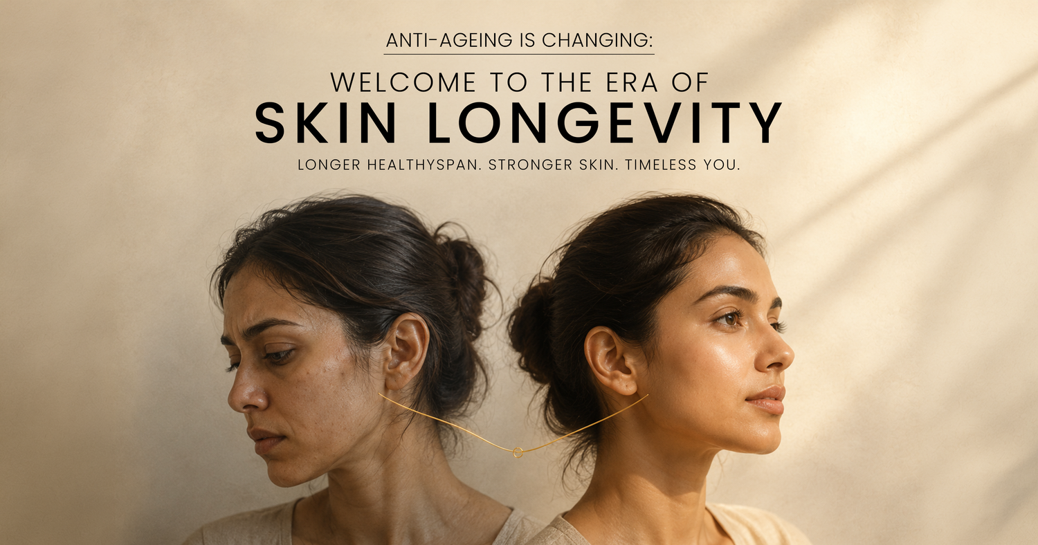 Skin longevity and healthy ageing concept featuring a woman’s skin transformation from signs of stress to radiant, resilient skin