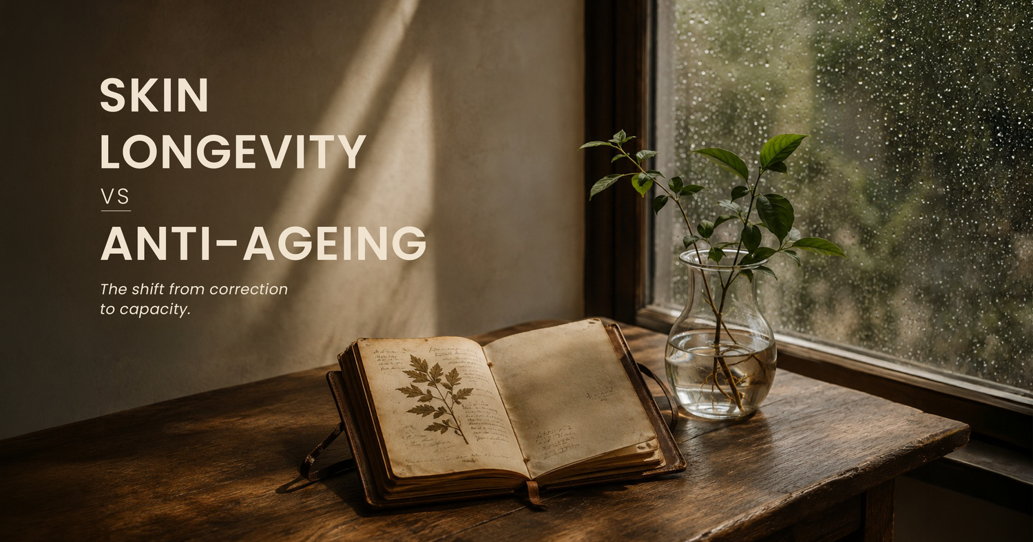 Skin longevity and anti-ageing skincare comparison represented through a nature-inspired editorial scene showing growth, resilience and healthier ageing