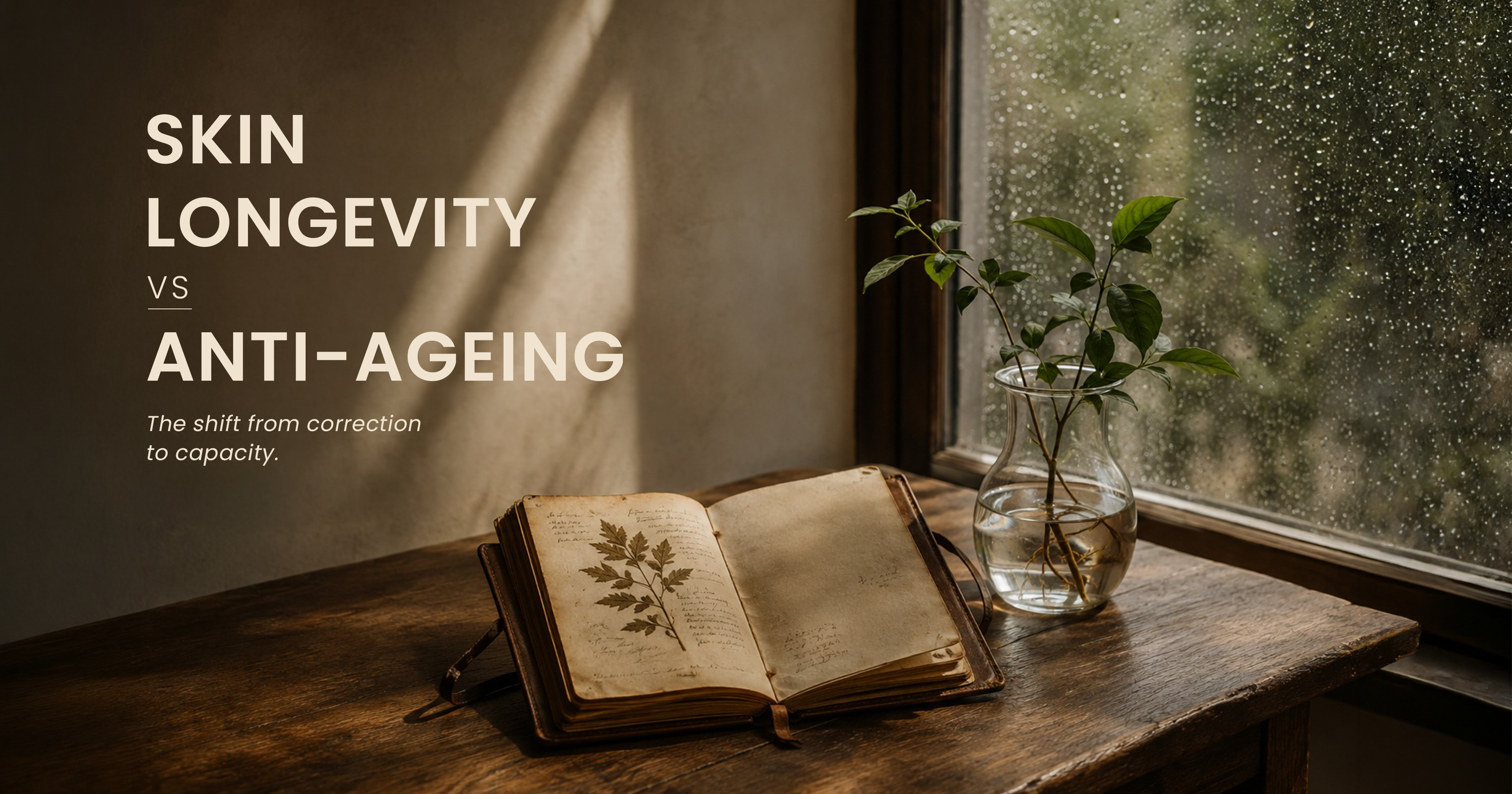 Skin longevity and anti-ageing skincare comparison represented through a nature-inspired editorial scene showing growth, resilience and healthier ageing