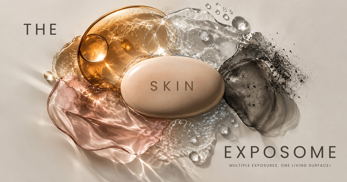  Editorial representation of the skin exposome, showing multiple environmental exposures including UV, heat, humidity and pollution surrounding a central skin surface.
