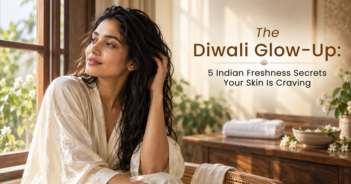 Indian Diwali skincare ritual with freshly washed hair, hydrated skin and natural beauty, representing 5 Indian freshness secrets for a festive glow.